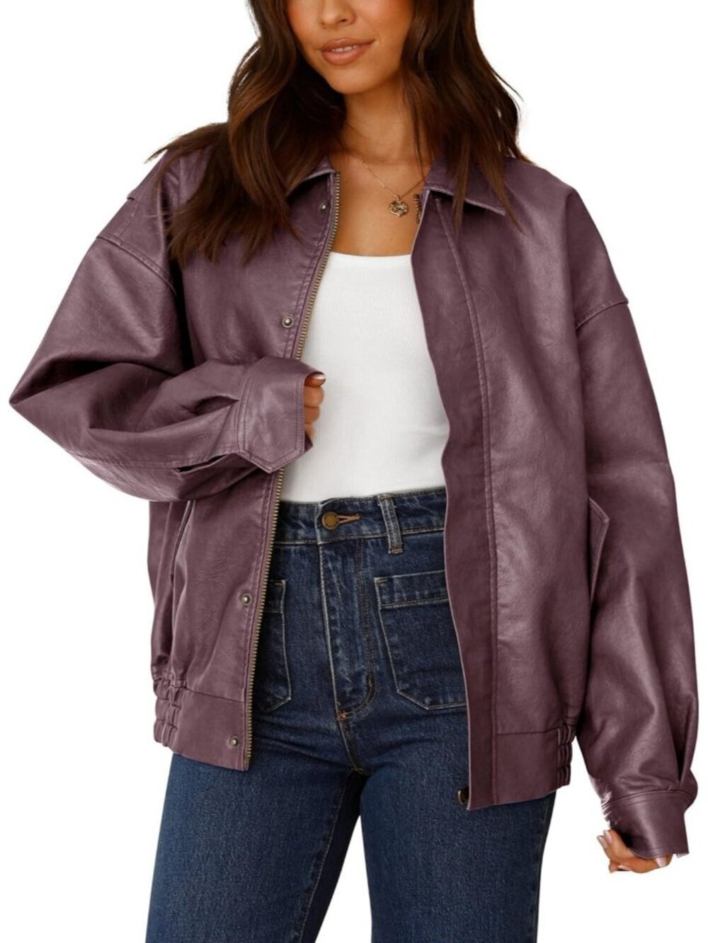 Women's Purple Polyester Oversized Faux Casual Zip Up Trendy Leather Jacket